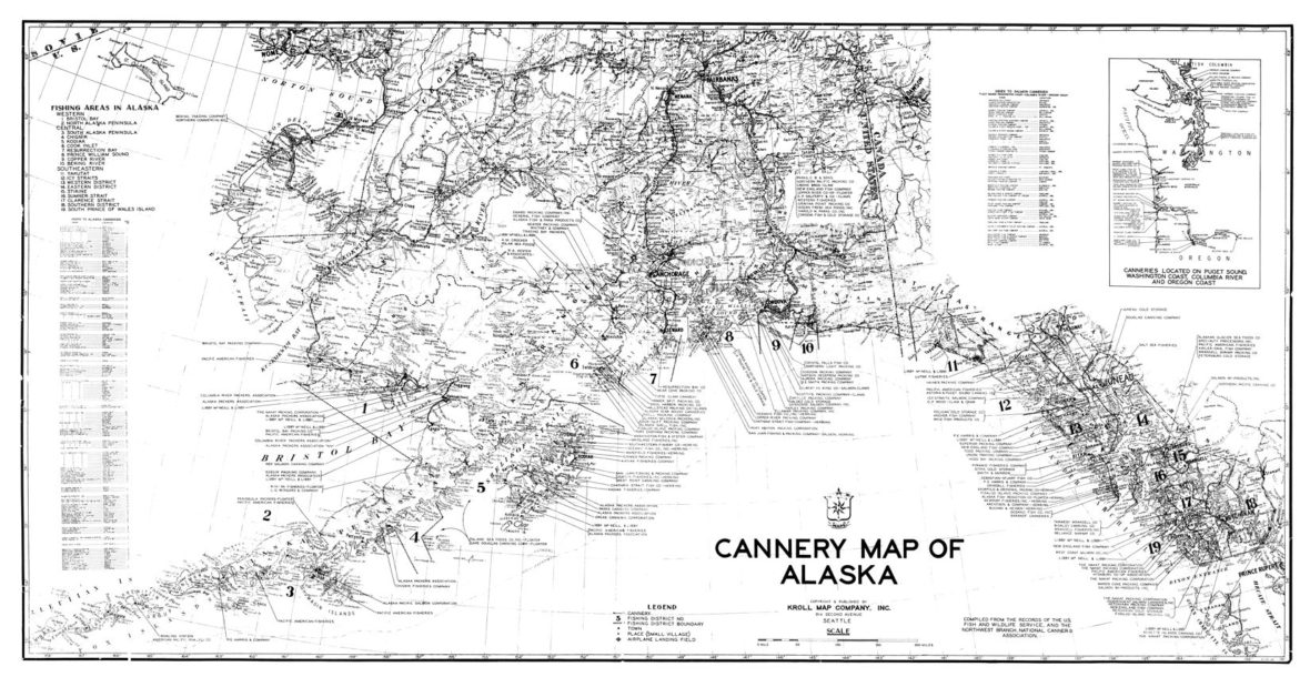 Kroll Map Company's Alaska Cannery Map, circa 1948, 36"x 19.5"