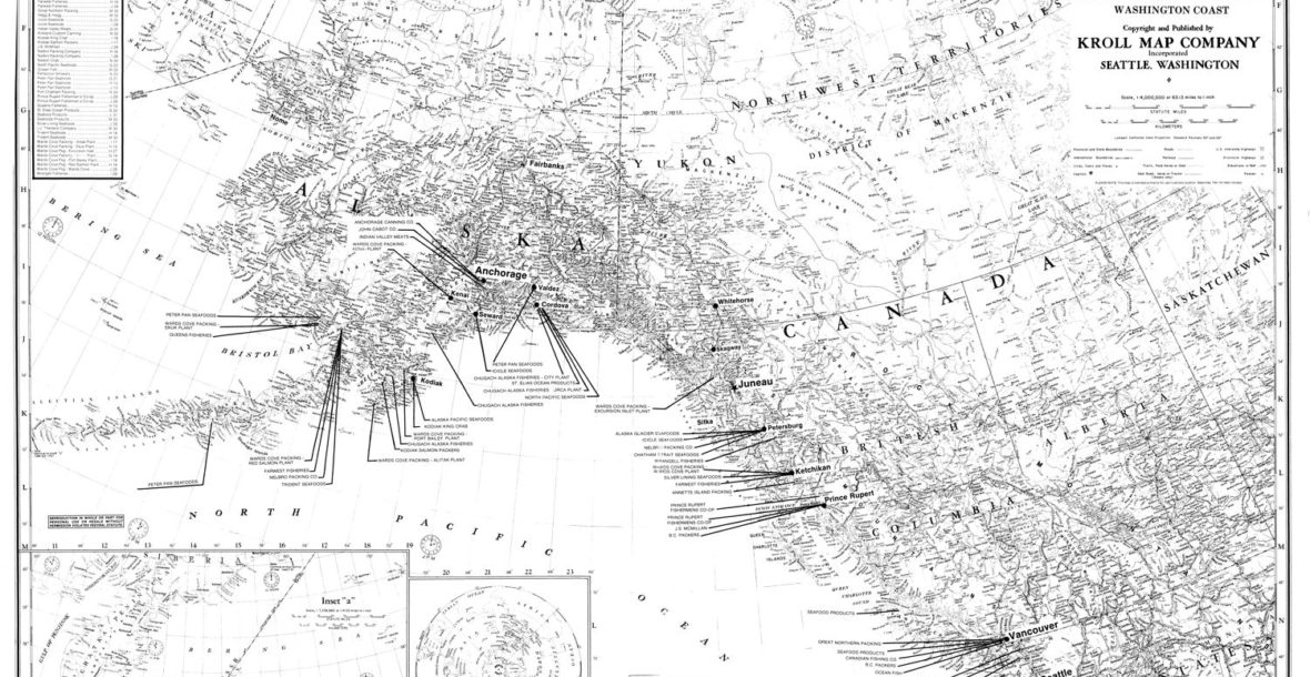 Kroll Map Company's Alaska Cannery Map, circa 1988, 36"x 25.5"