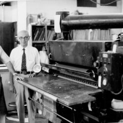 Sherman and Waldemar J. Loacker with the waterwash blueprint machine, c. 1983